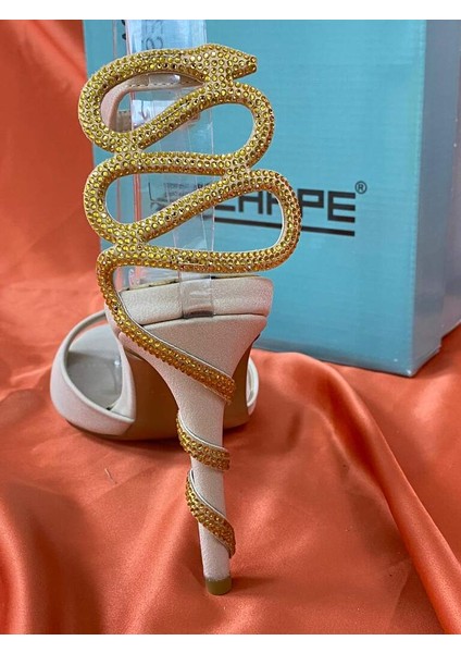 LES024 Bej (Krem) Bilekten Bağlamalı Yılan Topuk Detaylı Yüksek Ince Topuklu Ayakkabı Stiletto indirimleri