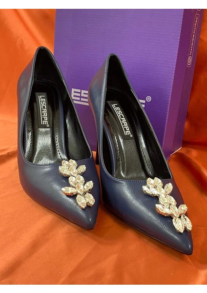 LES027 Lacivert Kadın Ayakkabı Stiletto Kristal Taş Detaylı modelleri