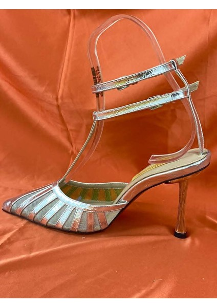 LES031 Gümüş Fileli Çift Bilek Bağlamalı Topuklu Kadın Stiletto Ayakkabı