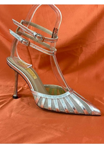 LES031 Gümüş Fileli Çift Bilek Bağlamalı Topuklu Kadın Stiletto Ayakkabı fiyatları