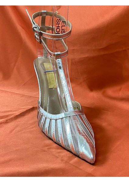 LES031 Gümüş Fileli Çift Bilek Bağlamalı Topuklu Kadın Stiletto Ayakkabı modelleri