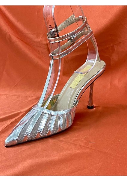 LES031 Gümüş Fileli Çift Bilek Bağlamalı Topuklu Kadın Stiletto Ayakkabı fırsatları