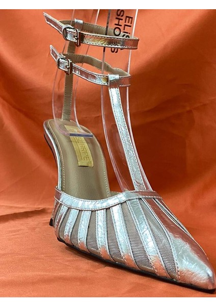 LES031 Gümüş Fileli Çift Bilek Bağlamalı Topuklu Kadın Stiletto Ayakkabı indirimleri
