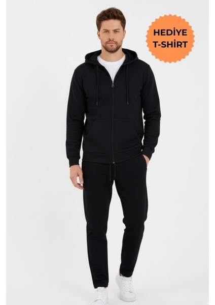 Siyah Kapüşonlu Regular Fit Hırka Düz Paça Erkek Eşofman Takımı