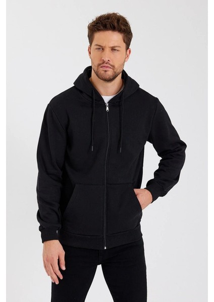 Siyah Kapüşonlu Regular Fit Hırka Düz Paça Erkek Eşofman Takımı indirimleri