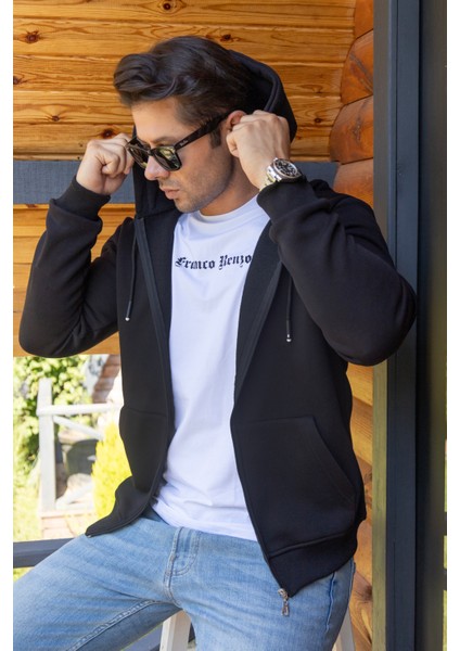 Kapüşonlu Boydan Fermuarlı 3 Iplik Şardonlu Pamuklu Sweatshirt