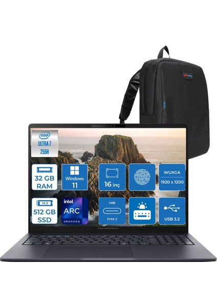 Expertbook B5 B5605CCA-U716512B1D Intel® Core™ Ultra 7 255H Aı 32GB Ddr5 512GB SSD Intel® Arc™ Graphics 16" Wuxga (1920X1200) IPS 300NITS WIN11PRO Taşınabilir Bilgisayar B5605CCAP07+ZETTAÇANTA