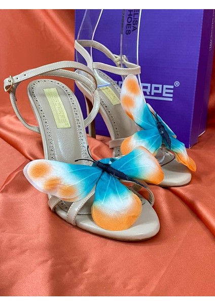 LES025 Krem Renkli Kelebek Aksesuarlı Zarif Ince Topuklu Kadın Ayakkabı Stiletto modelleri