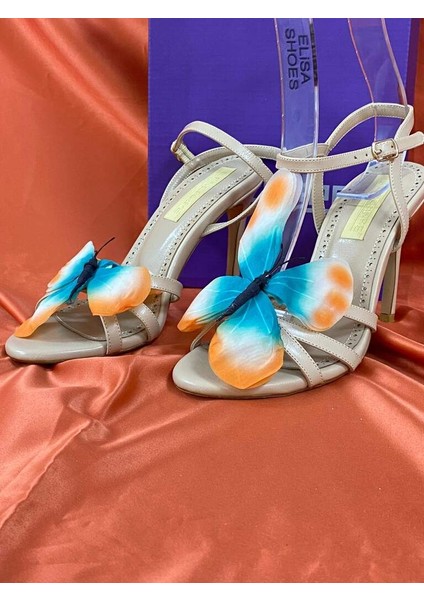 LES025 Krem Renkli Kelebek Aksesuarlı Zarif Ince Topuklu Kadın Ayakkabı Stiletto fırsatları