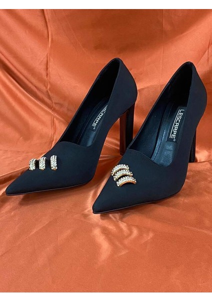 LES030 Siyah Kadın Abiye Taşlı Stiletto Topuklu Ayakkabı indirimleri
