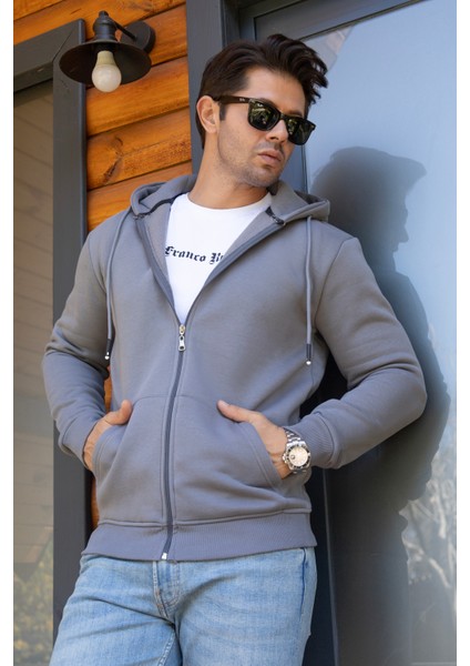 Kapüşonlu Boydan Fermuarlı 3 Iplik Şardonlu Pamuklu Sweatshirt