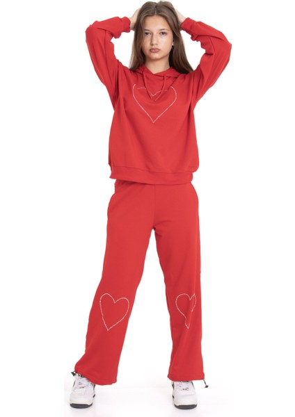 Kırmızı Kalp Desenli Kapüşonlu Kız Çocuk Eşofman Takımı 21256