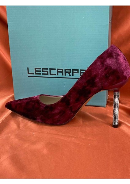 LES028 Bordo Kadife Özel Tasarım Topukta Kristal Taş Detay Kadın Ayakkabı Stiletto
