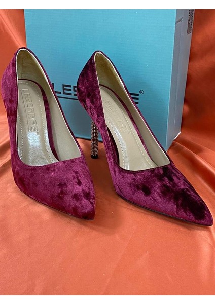 LES028 Bordo Kadife Özel Tasarım Topukta Kristal Taş Detay Kadın Ayakkabı Stiletto modelleri