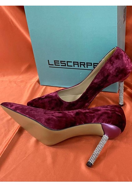 LES028 Bordo Kadife Özel Tasarım Topukta Kristal Taş Detay Kadın Ayakkabı Stiletto indirimleri