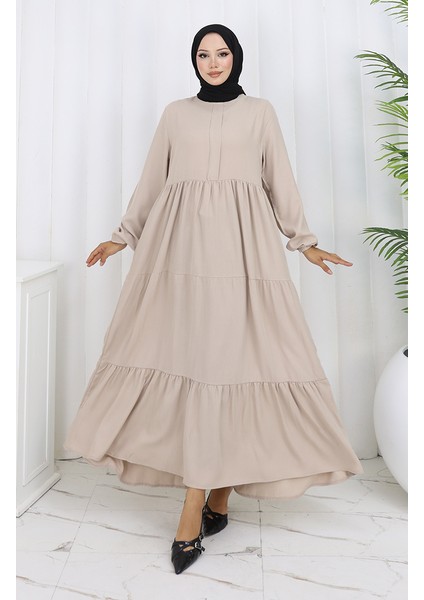 Beli Büzgülü Kolu Lastikli Elbise 2149-06 Taş