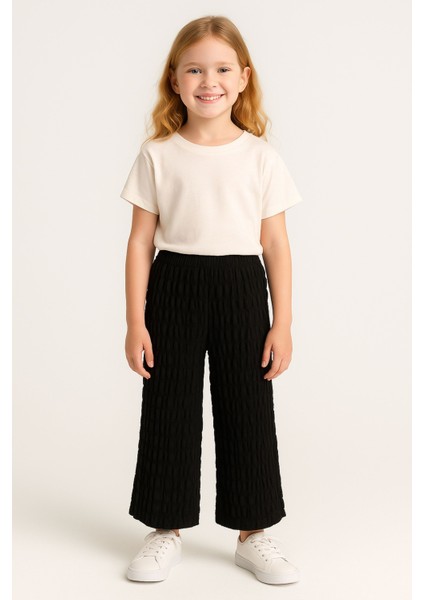 Kız Çocuk Siyah Beli Lastikli Bürümcük Kumaş Rahat Kesim Pantolon - Kız Çocuk Pantolon