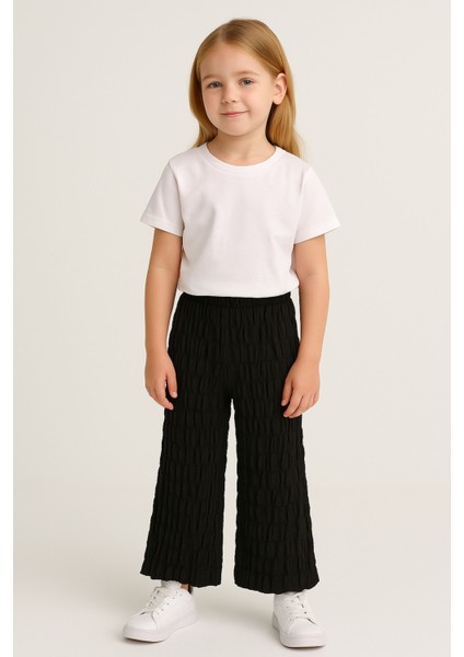 Kız Çocuk Siyah Beli Lastikli Bürümcük Kumaş Rahat Kesim Pantolon - Kız Çocuk Pantolon fiyatları
