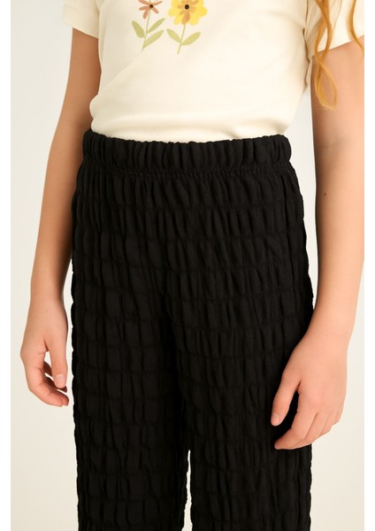 Kız Çocuk Siyah Beli Lastikli Bürümcük Kumaş Rahat Kesim Pantolon - Kız Çocuk Pantolon fırsatları