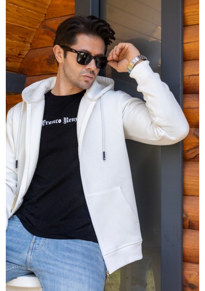 Kapüşonlu Boydan Fermuarlı 3 Iplik Şardonlu Pamuklu Sweatshirt