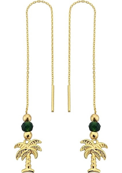 925 Ayar Gümüş Altın Kaplamalı Palmiye Figürlü Zincir Küpe - 12110501