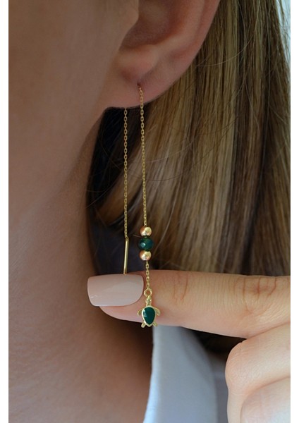 18K Altın Kaplamalı 925 Ayar Gümüş Kaplumbağa Figürlü Zincir Küpe - 12109501