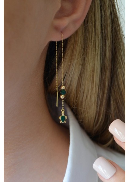 18K Altın Kaplamalı 925 Ayar Gümüş Kaplumbağa Figürlü Zincir Küpe - 12109501 modelleri