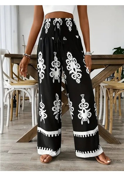 Kadın Yüksek Bel Büzgülü Etnik Desen Baskılı Süprem Pantolon