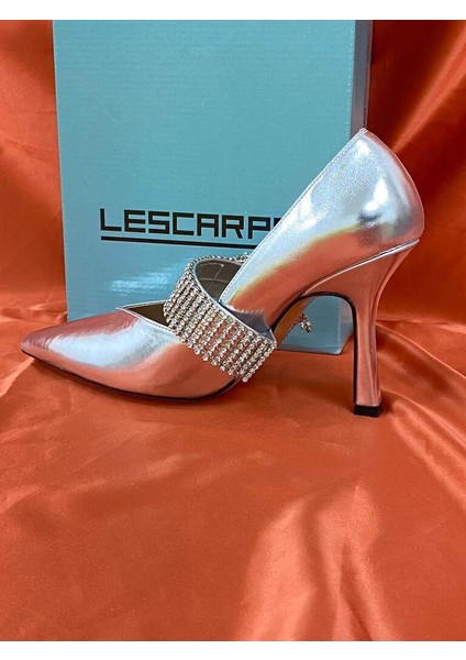 LES045 Gümüş Kadın Taşlı Kemer Tokalı Abiye Topuklu Ayakkabı Stiletto