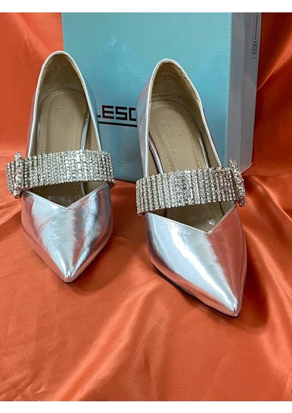 LES045 Gümüş Kadın Taşlı Kemer Tokalı Abiye Topuklu Ayakkabı Stiletto modelleri