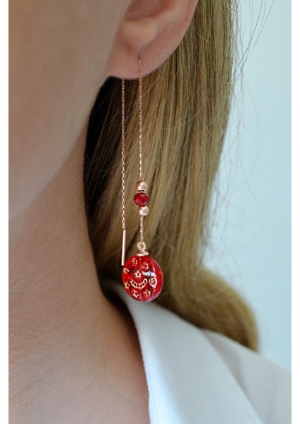 925 Ayar Gümüş Rose Ay-Yıldız Motifli Lâl Taşlı Zincir Küpe - 12110801