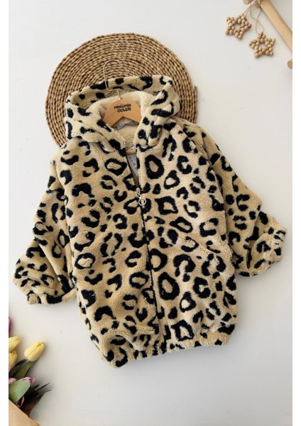 Leopar Detaylı Kışlık Çocuk kuzu mont - Bej