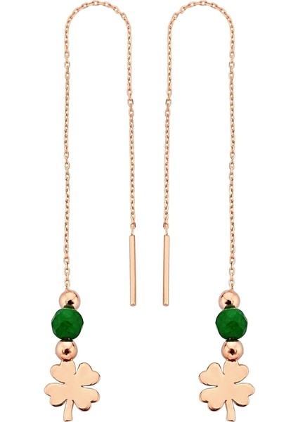 925 Ayar Gümüş Rose Yonca Figürlü Zincir Küpe - 12110701