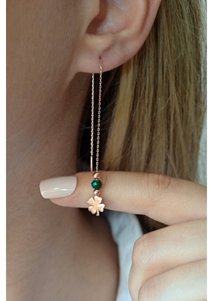 925 Ayar Gümüş Rose Yonca Figürlü Zincir Küpe - 12110701 fiyatları