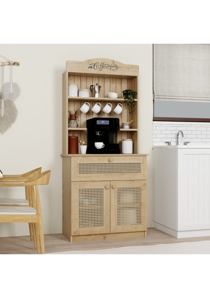 Lucas 2 Kapaklı Çekmeceli Sarı Hasır Desen Kahve Köşesi Çok Amaçlı Mutfak Dolabı - Safir Meşe fiyatları
