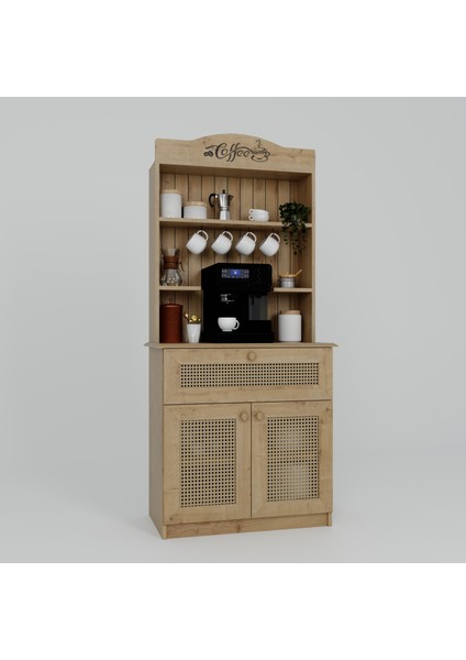 Lucas 2 Kapaklı Çekmeceli Sarı Hasır Desen Kahve Köşesi Çok Amaçlı Mutfak Dolabı - Safir Meşe modelleri