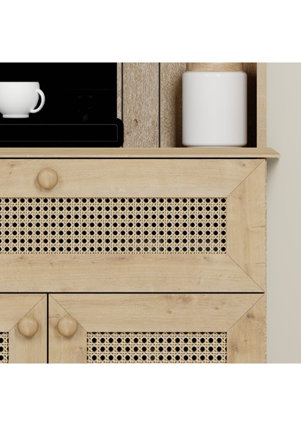 Lucas 2 Kapaklı Çekmeceli Sarı Hasır Desen Kahve Köşesi Çok Amaçlı Mutfak Dolabı - Safir Meşe indirimleri