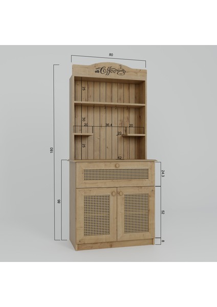 Lucas 2 Kapaklı Çekmeceli Sarı Hasır Desen Kahve Köşesi Çok Amaçlı Mutfak Dolabı - Safir Meşe