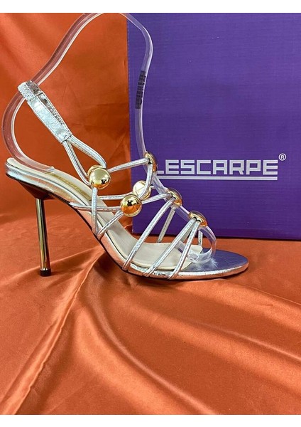 LES043 Gümüş Top Detaylı Ince Kayışlı Bilekten Lastik Bağlamalı Yüksek Topuklu Zarif ve Şık Kadın Ayakkabı fiyatları