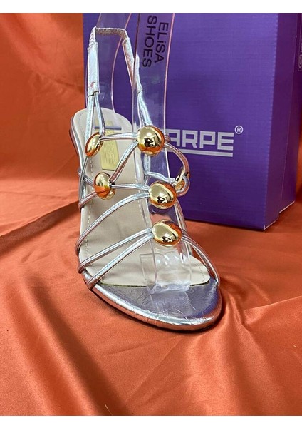 LES043 Gümüş Top Detaylı Ince Kayışlı Bilekten Lastik Bağlamalı Yüksek Topuklu Zarif ve Şık Kadın Ayakkabı modelleri