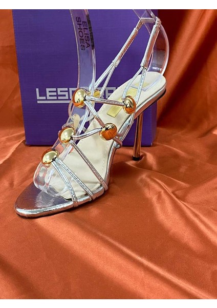 LES043 Gümüş Top Detaylı Ince Kayışlı Bilekten Lastik Bağlamalı Yüksek Topuklu Zarif ve Şık Kadın Ayakkabı fırsatları