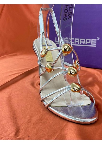LES043 Gümüş Top Detaylı Ince Kayışlı Bilekten Lastik Bağlamalı Yüksek Topuklu Zarif ve Şık Kadın Ayakkabı indirimleri