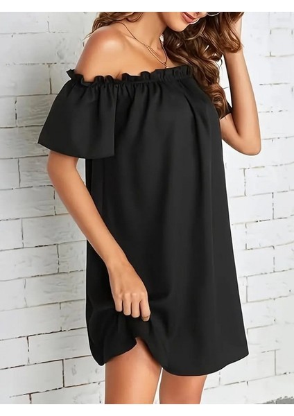 Kadın Kısa Kollu Fırfır Detay Madonna Yaka Mini Ithal Krep Elbise