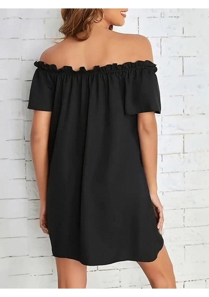 Kadın Kısa Kollu Fırfır Detay Madonna Yaka Mini Ithal Krep Elbise fiyatları