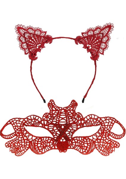 Nessiworld Ateş Kırmızısı Dantel Taç ve Maske Seti 10 No - Maskeli Balo &amp; Özel Gün Seti