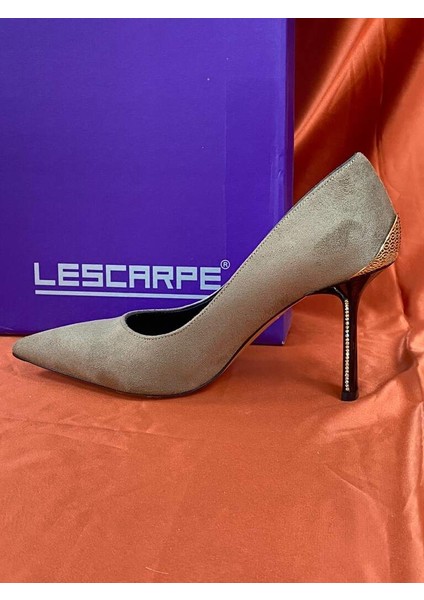 LES044 Vizon (Koyu Bej) Süet Kadife Kadın Stiletto Ayakkabı