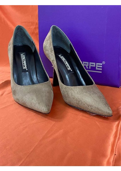 LES044 Vizon (Koyu Bej) Süet Kadife Kadın Stiletto Ayakkabı modelleri