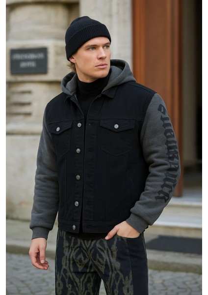 Erkek Sırt Baskılı Kapşonlu Siyah Bol Kot Ceket