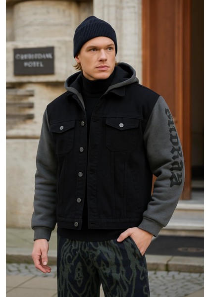 Erkek Sırt Baskılı Kapşonlu Siyah Bol Kot Ceket fiyatları