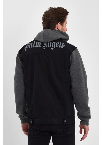 Erkek Sırt Baskılı Kapşonlu Siyah Bol Kot Ceket modelleri